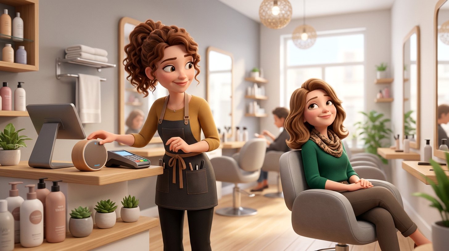 Illustration d'une coiffeuse qui règle le volume d'une petite enceinte dans son salon lumineux, une cliente détendue écoute la musique dans le fauteuil