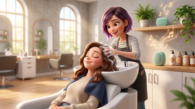 Illustration d'une cliente détendue pendant un shampooing au bac, des notes de musique flottant depuis une petite enceinte posée sur une étagère du salon