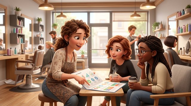 Une gérante de salon de coiffure explique un document de mutuelle à ses deux employées autour d'un café, le salon lumineux visible derrière elles