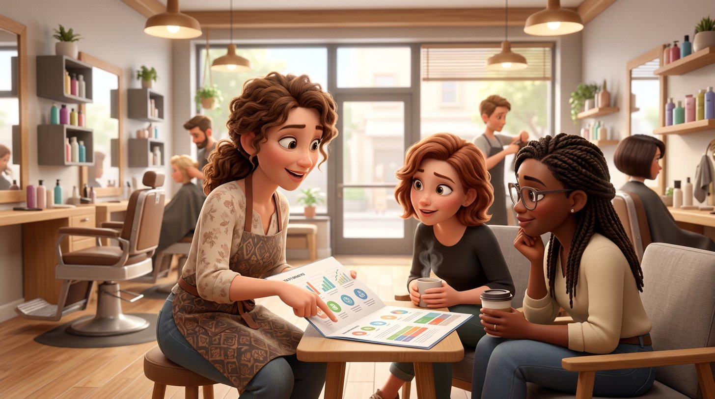 Une gérante de salon de coiffure explique un document de mutuelle à ses deux employées autour d'un café, le salon lumineux visible derrière elles