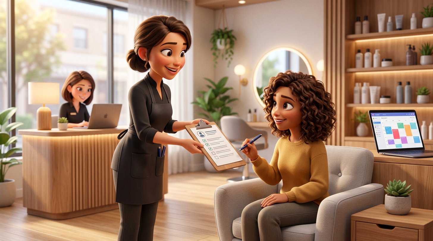 A smiling hair stylist hands a welcome questionnaire on a clipboard to a new client in the waiting area of a bright modern hair salon, with a laptop open at the reception desk