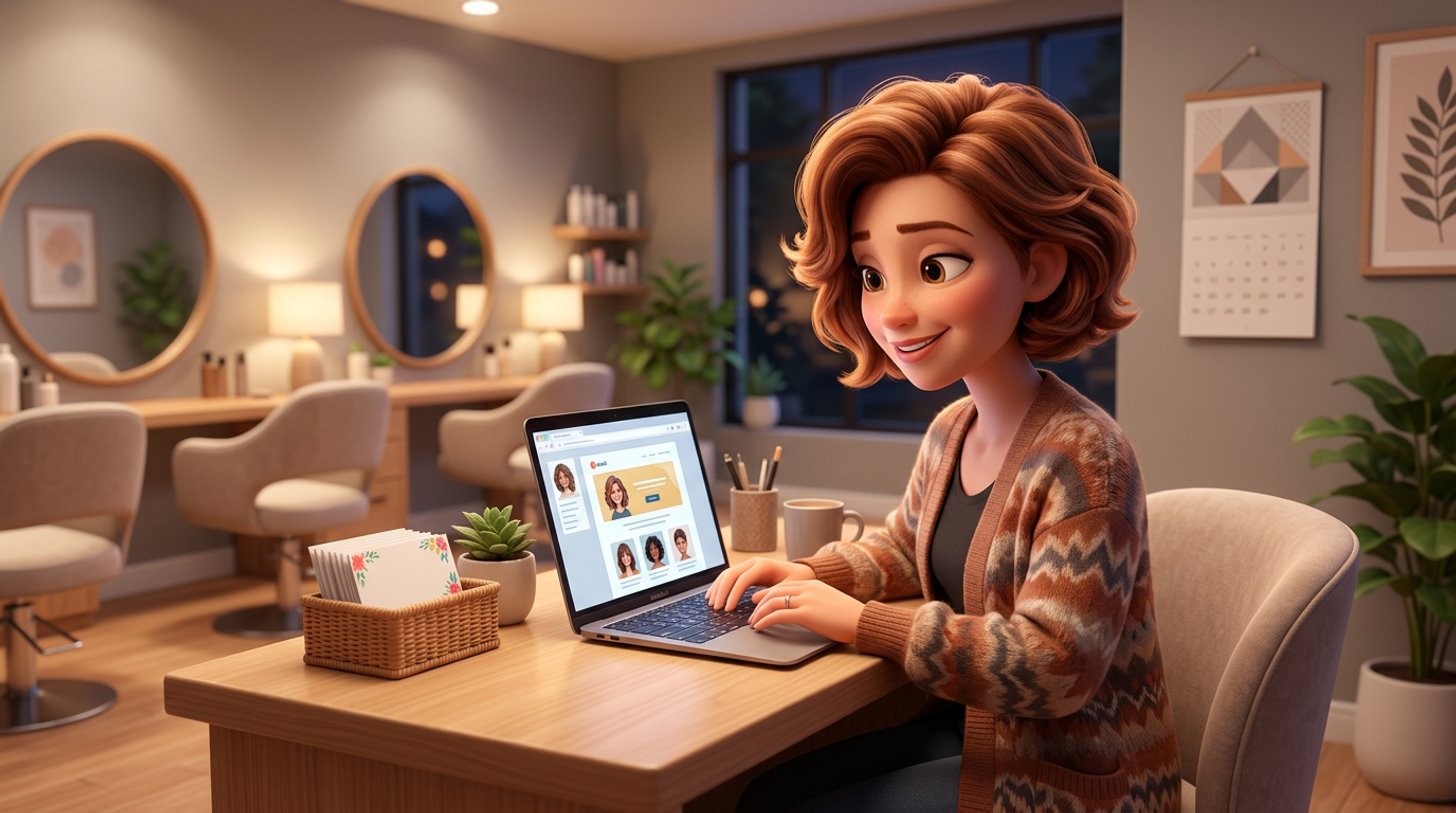 Illustration einer Friseursalon-Inhaberin, die abends am Empfangstresen ihres Salons auf einem Laptop einen E-Mail-Newsletter mit Frisurenbildern gestaltet
