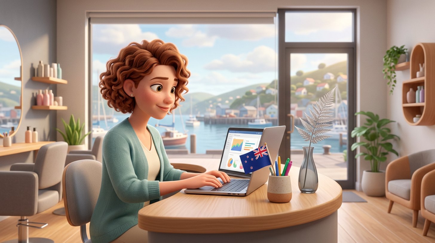 Illustration of a hair salon owner at her reception desk researching software on a laptop, a small New Zealand flag and a silver fern frond beside the screen, a harbour town visible through the window