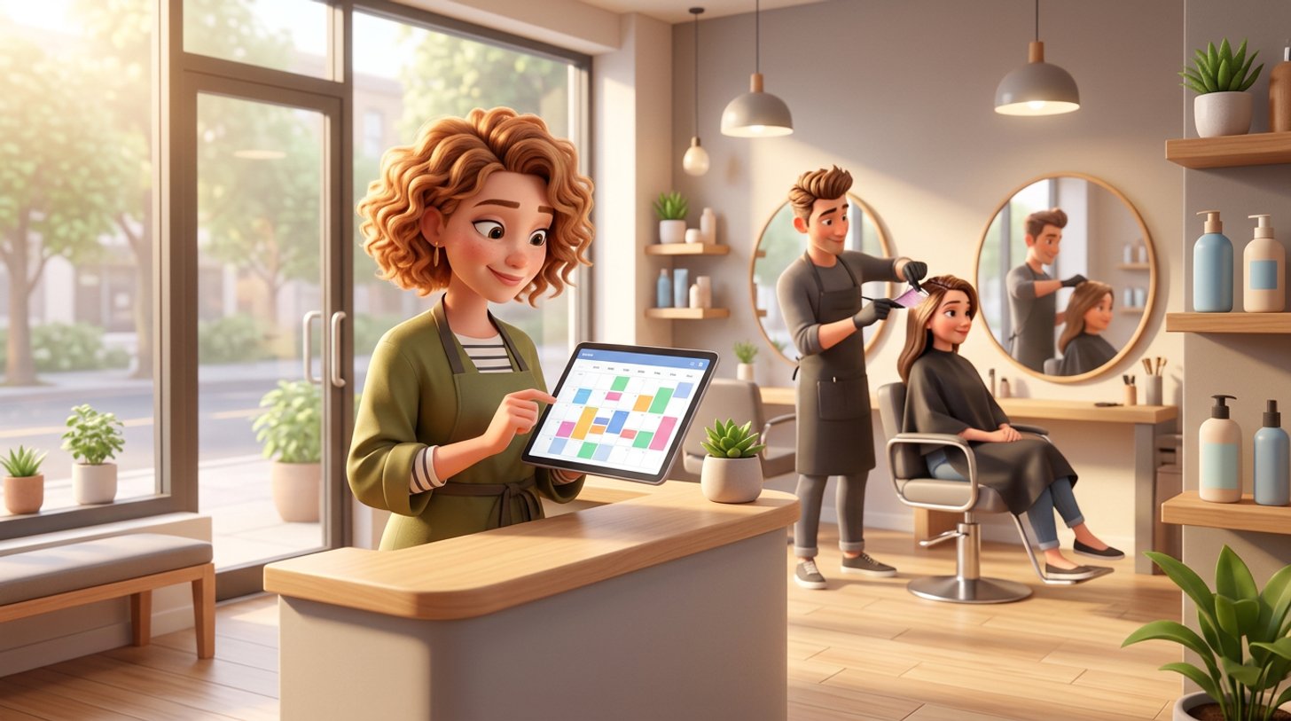 A salon owner reviews the day's appointment diary on a tablet at the front desk of a bright Australian hair salon, a stylist colouring a client's hair at a chair behind her