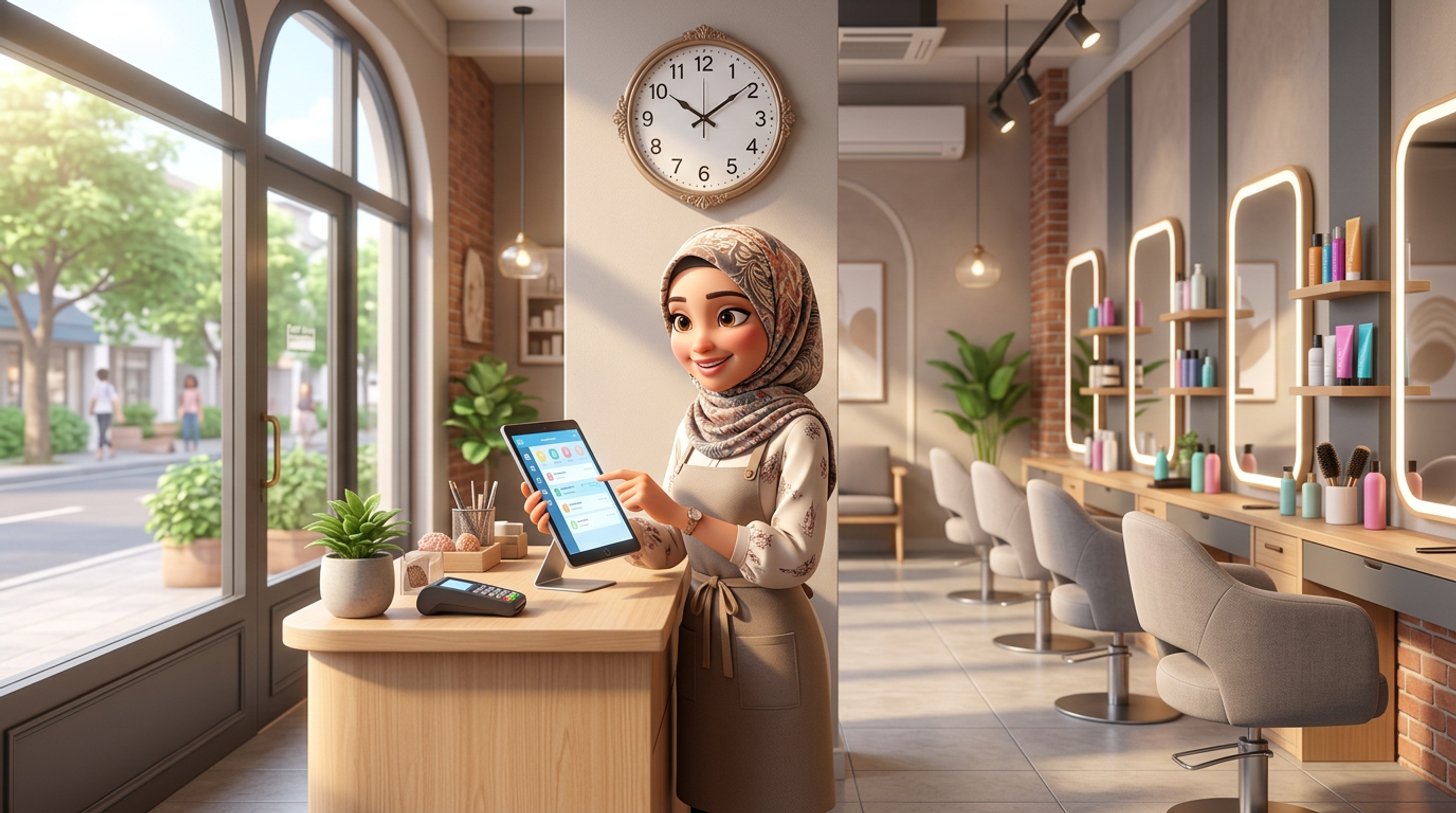 A Malaysian salon owner adjusts the appointment schedule on a tablet at the reception desk of a bright shoplot hair salon, a wall clock and a row of styling chairs behind her