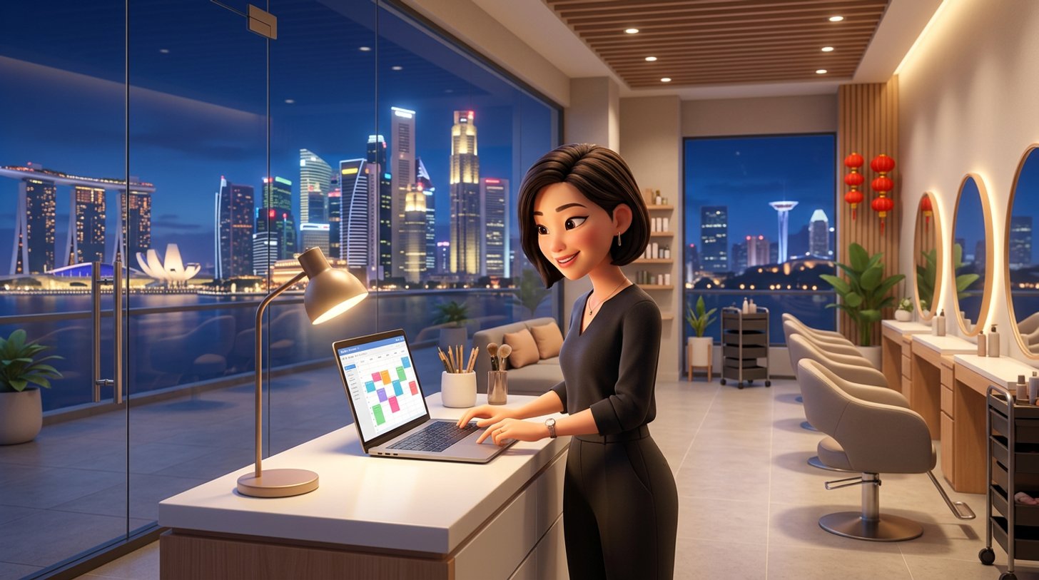 A salon owner reviews the next day's appointment calendar on a laptop at the front desk of a modern Singapore hair salon at night, the city lights visible through the window