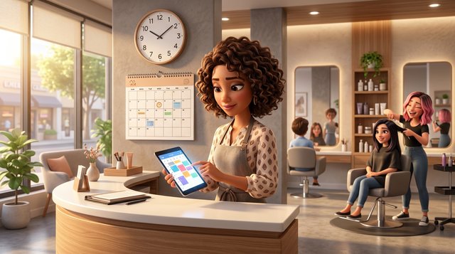 A hair salon owner adjusts the day's schedule on a tablet at the front desk of a bright American salon, a wall calendar and clock behind her and a stylist working at a chair in the background