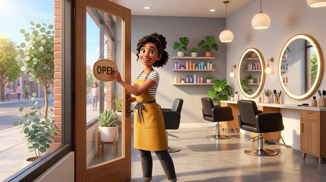A new salon owner proudly flips the open sign on the glass door of her freshly fitted Australian hair salon, styling chairs and mirrors gleaming behind her in the morning sun