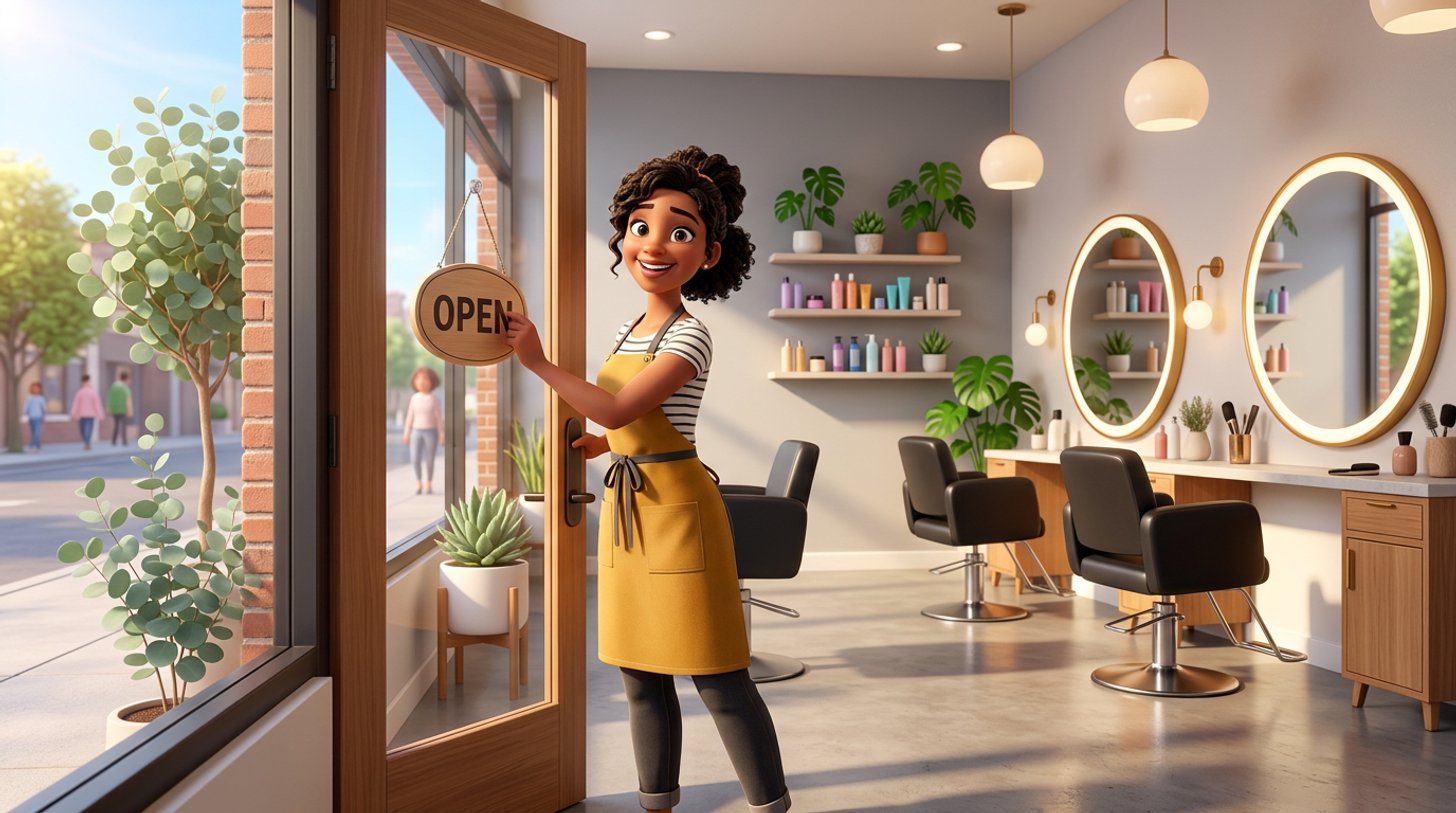 A new salon owner proudly flips the open sign on the glass door of her freshly fitted Australian hair salon, styling chairs and mirrors gleaming behind her in the morning sun