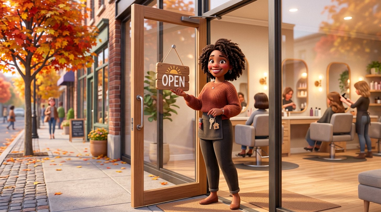 A proud new owner turns the open sign at the door of her freshly fitted Canadian hair salon, keys in hand, a maple tree in autumn colours on the sidewalk outside