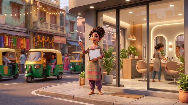 A new salon owner stands on the pavement in front of her freshly fitted hair salon, keys in hand, while a colleague arranges styling chairs visible through the glass shopfront on a busy Indian street