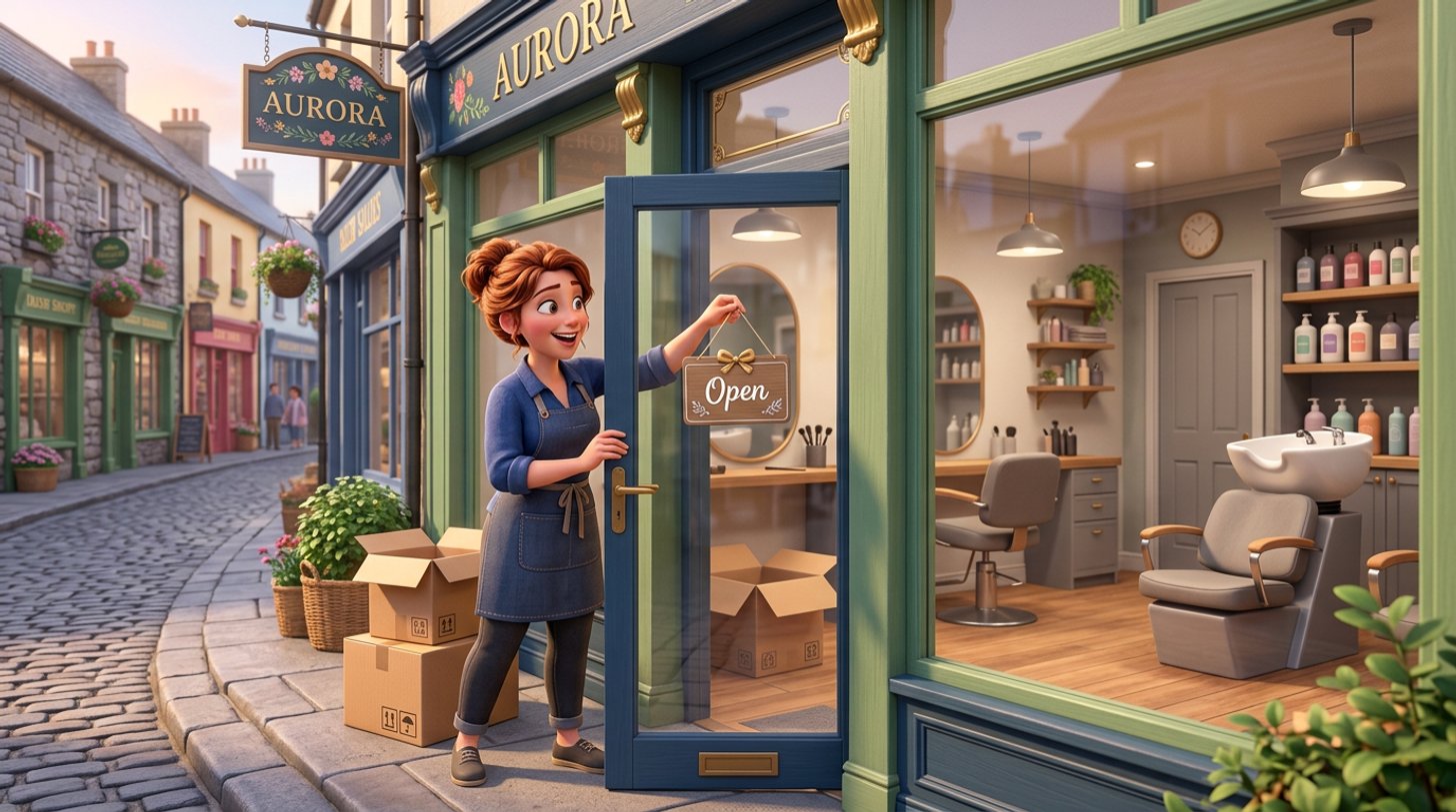 A proud new salon owner flips the sign to open on the glass door of her freshly fitted hair salon on an Irish high street, moving boxes, a styling chair and a backwash basin visible inside