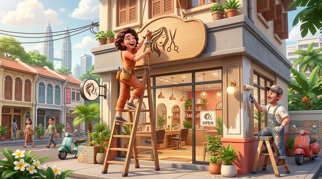 A new salon owner on a ladder hangs a bilingual signboard above her shoplot hair salon while a painter finishes the facade on a sunny Kuala Lumpur street