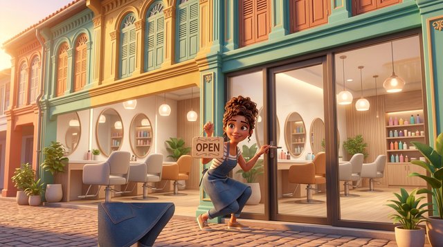 A proud new salon owner unlocks the glass door of her freshly fitted hair salon at sunrise, holding an open sign, in front of a colourful Singapore shophouse facade