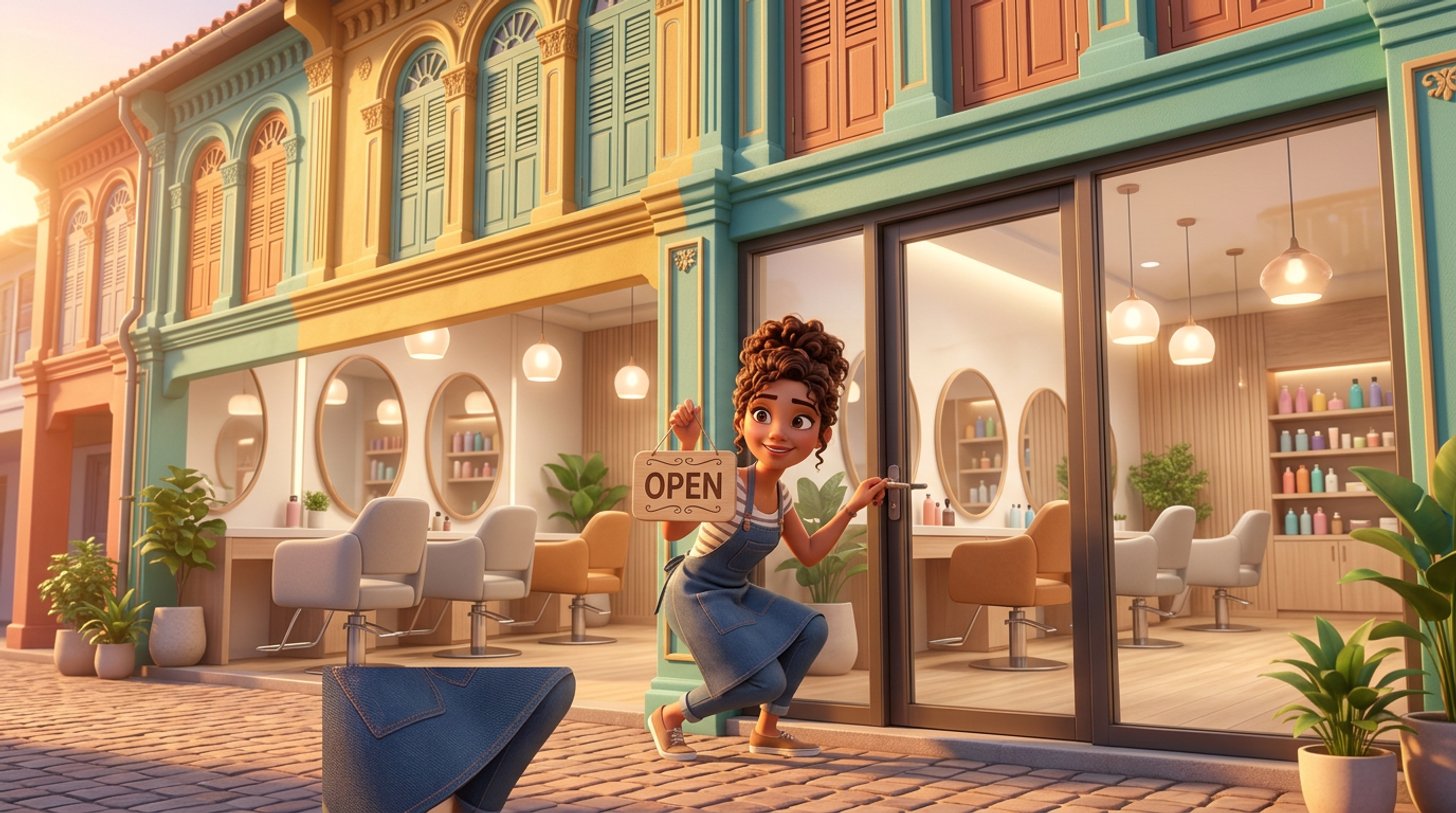 A proud new salon owner unlocks the glass door of her freshly fitted hair salon at sunrise, holding an open sign, in front of a colourful Singapore shophouse facade