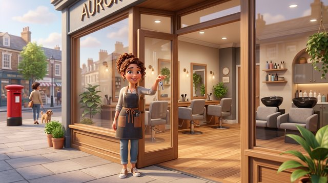 A proud new salon owner holds the keys to her freshly fitted hair salon, styling chairs and backwash units visible through the sunlit shop window