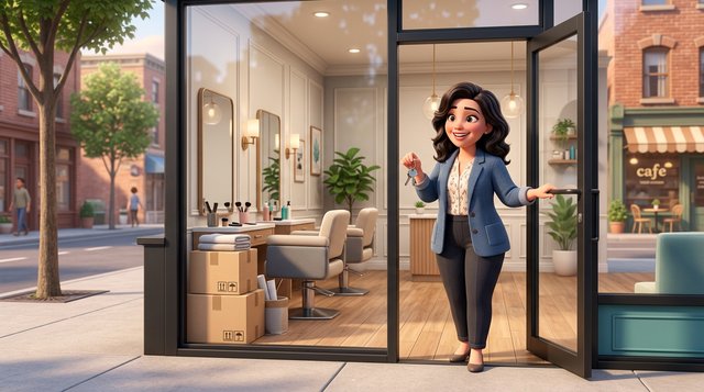 A proud new owner holds the keys at the open door of her freshly fitted American hair salon, new styling chairs and moving boxes inside