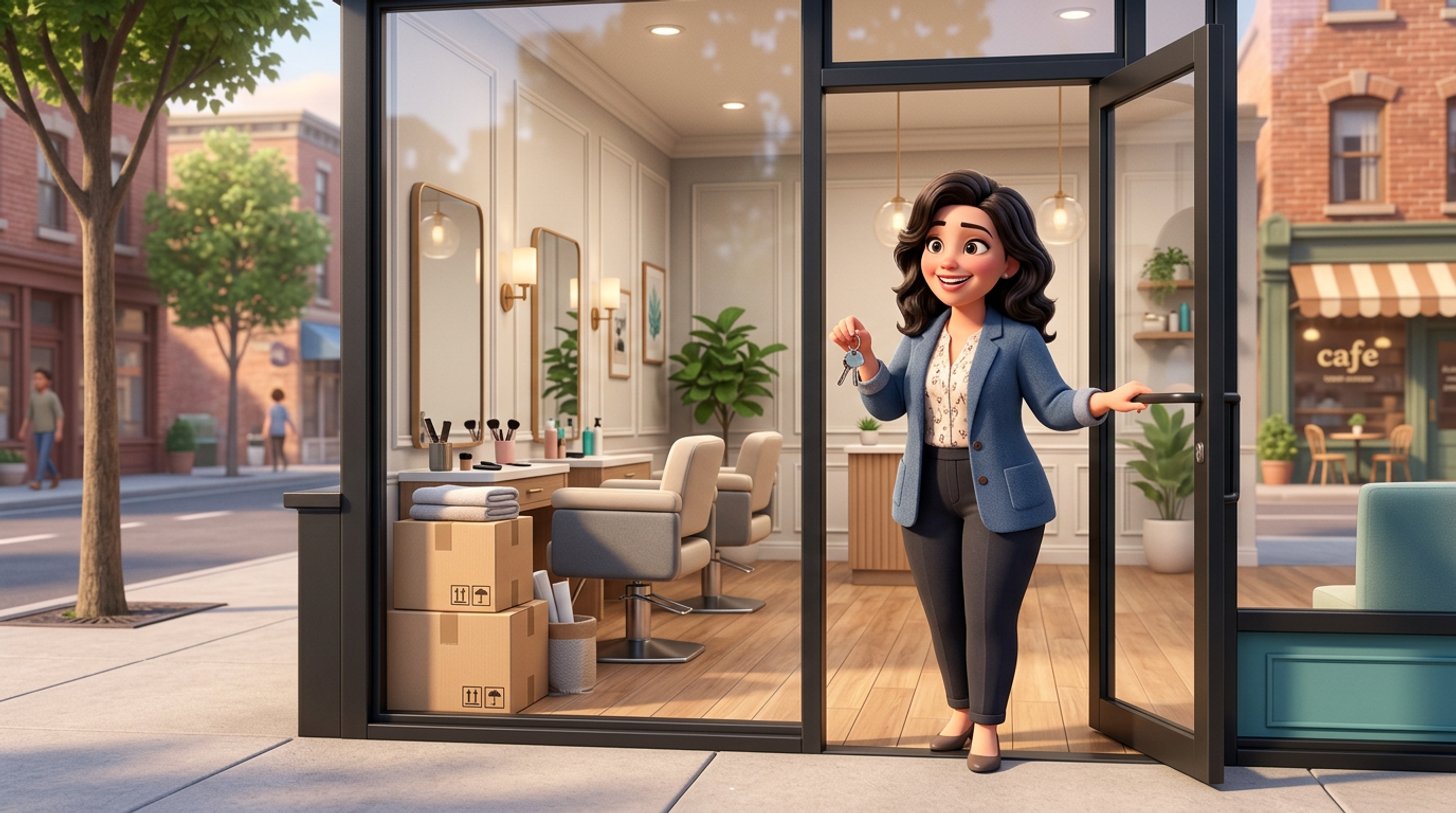 A proud new owner holds the keys at the open door of her freshly fitted American hair salon, new styling chairs and moving boxes inside