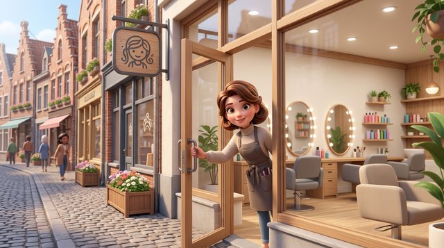 Illustration d'une jeune coiffeuse ouvrant fièrement la porte de son nouveau salon de coiffure, dans une rue commerçante belge aux façades en briques