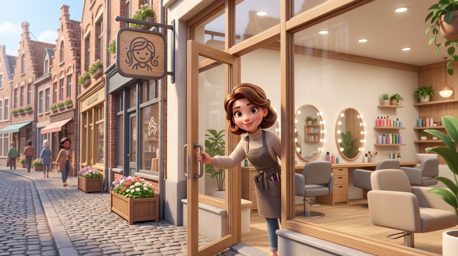 Illustration d'une jeune coiffeuse ouvrant fièrement la porte de son nouveau salon de coiffure, dans une rue commerçante belge aux façades en briques