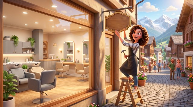 Illustration d'une coiffeuse souriante accrochant l'enseigne de son nouveau salon de coiffure, dans une rue de Suisse romande avec vue sur les montagnes