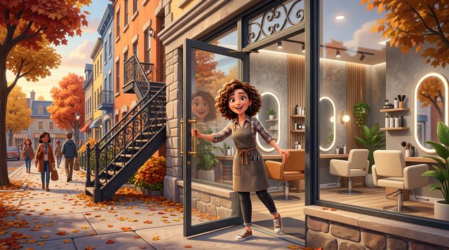 Illustration d'une coiffeuse fière ouvrant la porte de son nouveau salon de coiffure, dans une rue québécoise aux façades colorées avec escaliers extérieurs et érables aux couleurs d'automne