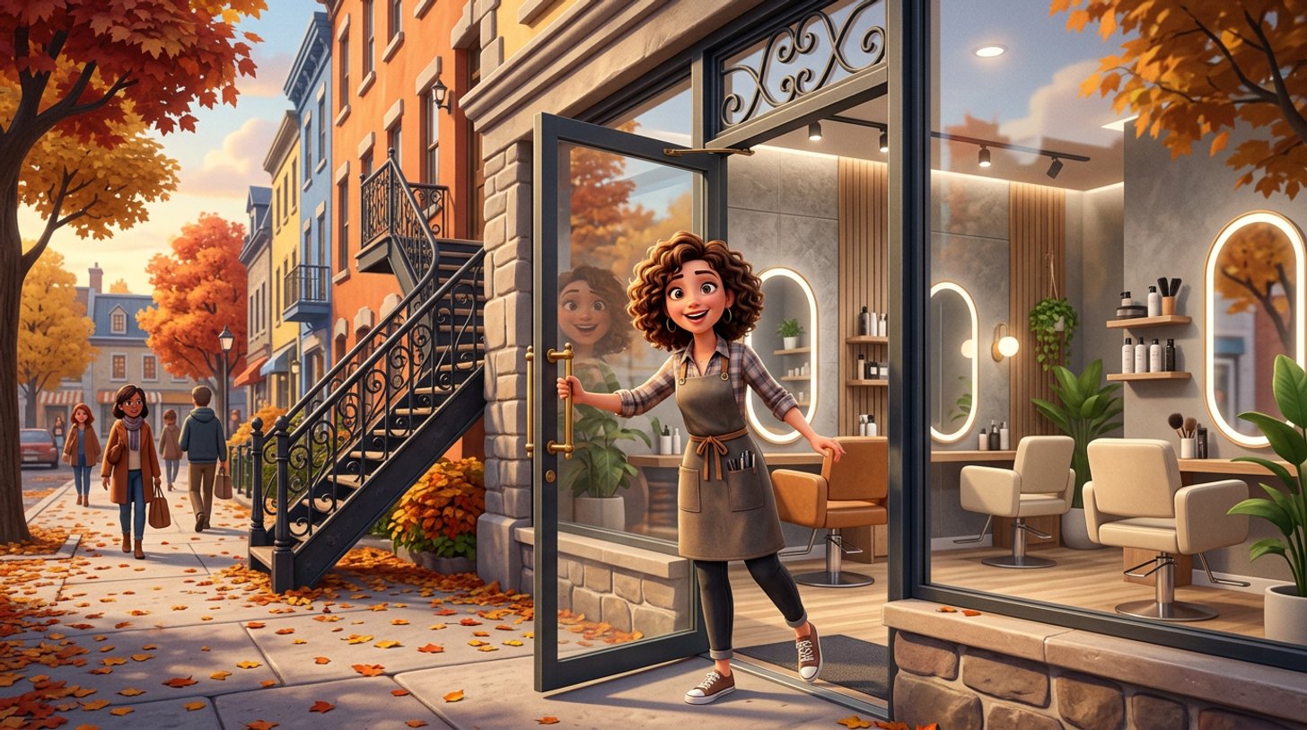 Illustration d'une coiffeuse fière ouvrant la porte de son nouveau salon de coiffure, dans une rue québécoise aux façades colorées avec escaliers extérieurs et érables aux couleurs d'automne