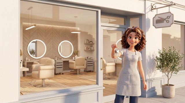 Une jeune coiffeuse tient les clés de son salon de coiffure fraîchement rénové, fauteuils neufs et miroirs visibles derrière la vitrine baignée de soleil