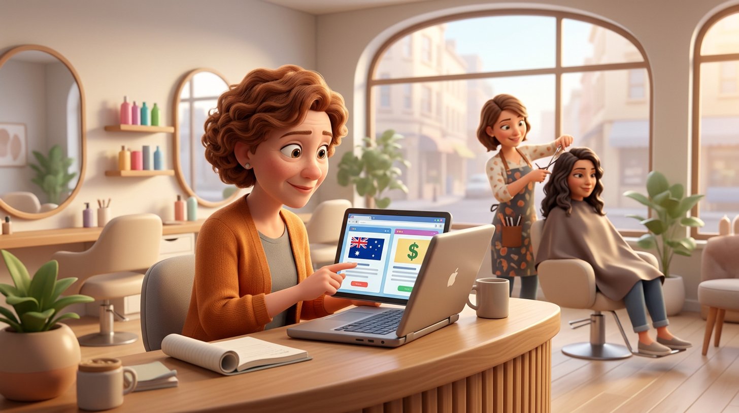 Illustration of a hair salon owner at her reception desk studying two software pricing pages side by side on a laptop, a stylist cutting a client's hair behind her in a bright Australian salon