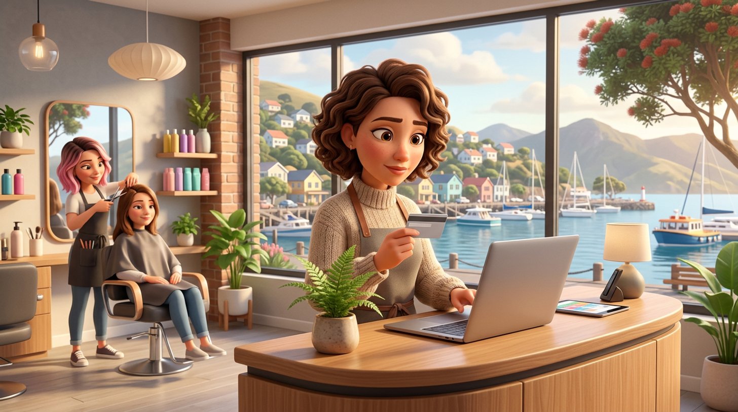 Illustration of a New Zealand hair salon owner at her reception desk comparing software prices on a laptop, bank card in hand, a stylist cutting a client's hair behind her