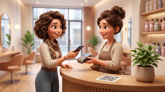 Illustration d'une cliente approchant son GSM d'un petit terminal de paiement tenu par une coiffeuse souriante au comptoir d'un salon de coiffure, un autocollant avec un code QR posé à côté