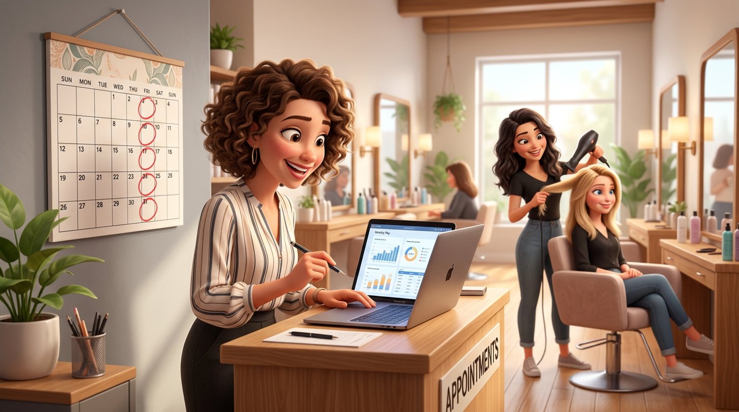 A hair salon owner reviews a weekly pay run on a laptop at the reception desk while a stylist works at a chair behind her, a wall calendar marked with payday circles beside the screen