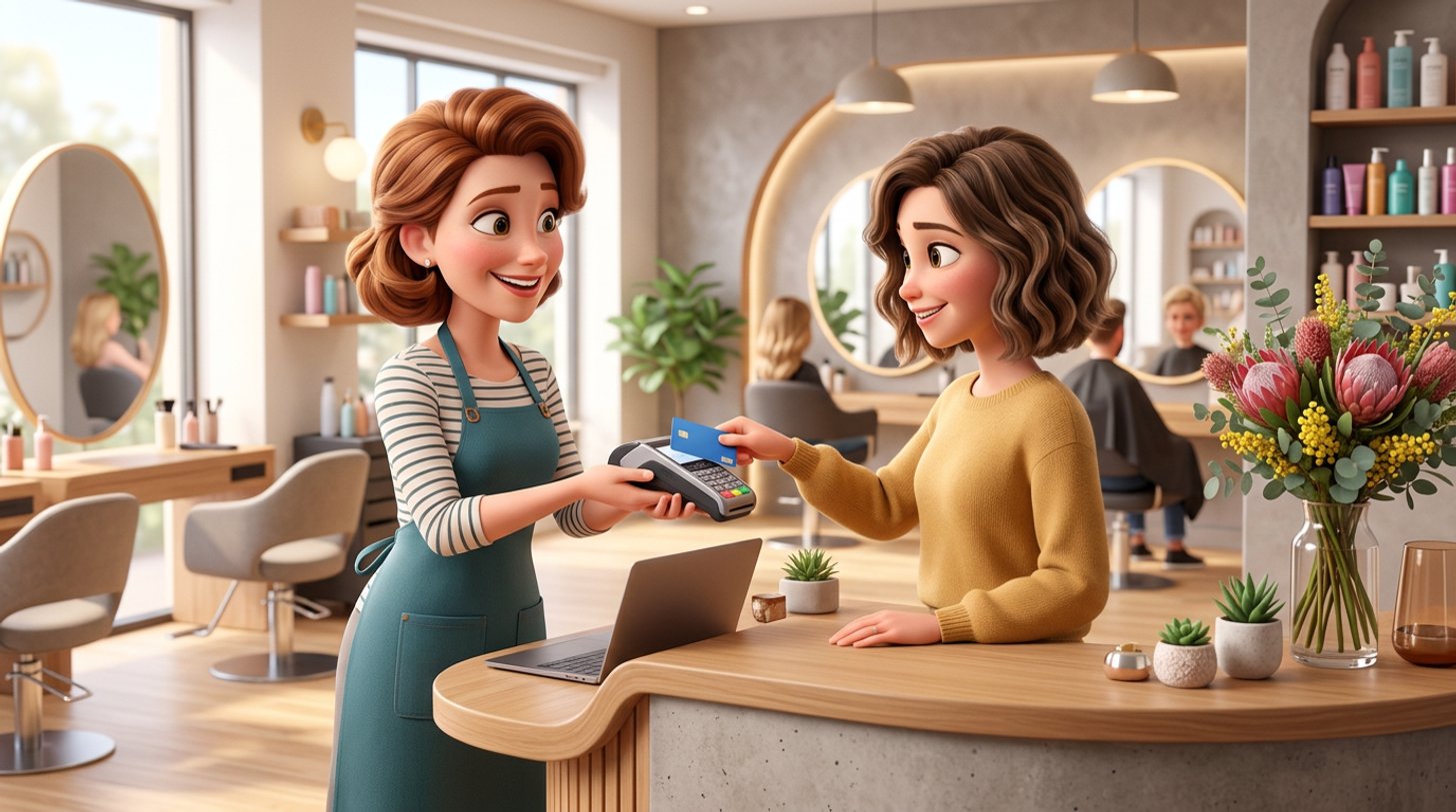 A client taps her card on an EFTPOS terminal at the front desk of a bright Australian hair salon while the owner smiles behind the counter