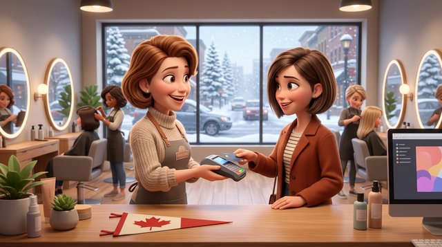 A client taps a debit card on a payment terminal at a Canadian hair salon's front desk while the owner smiles behind the counter, a styling chair and mirror in the background