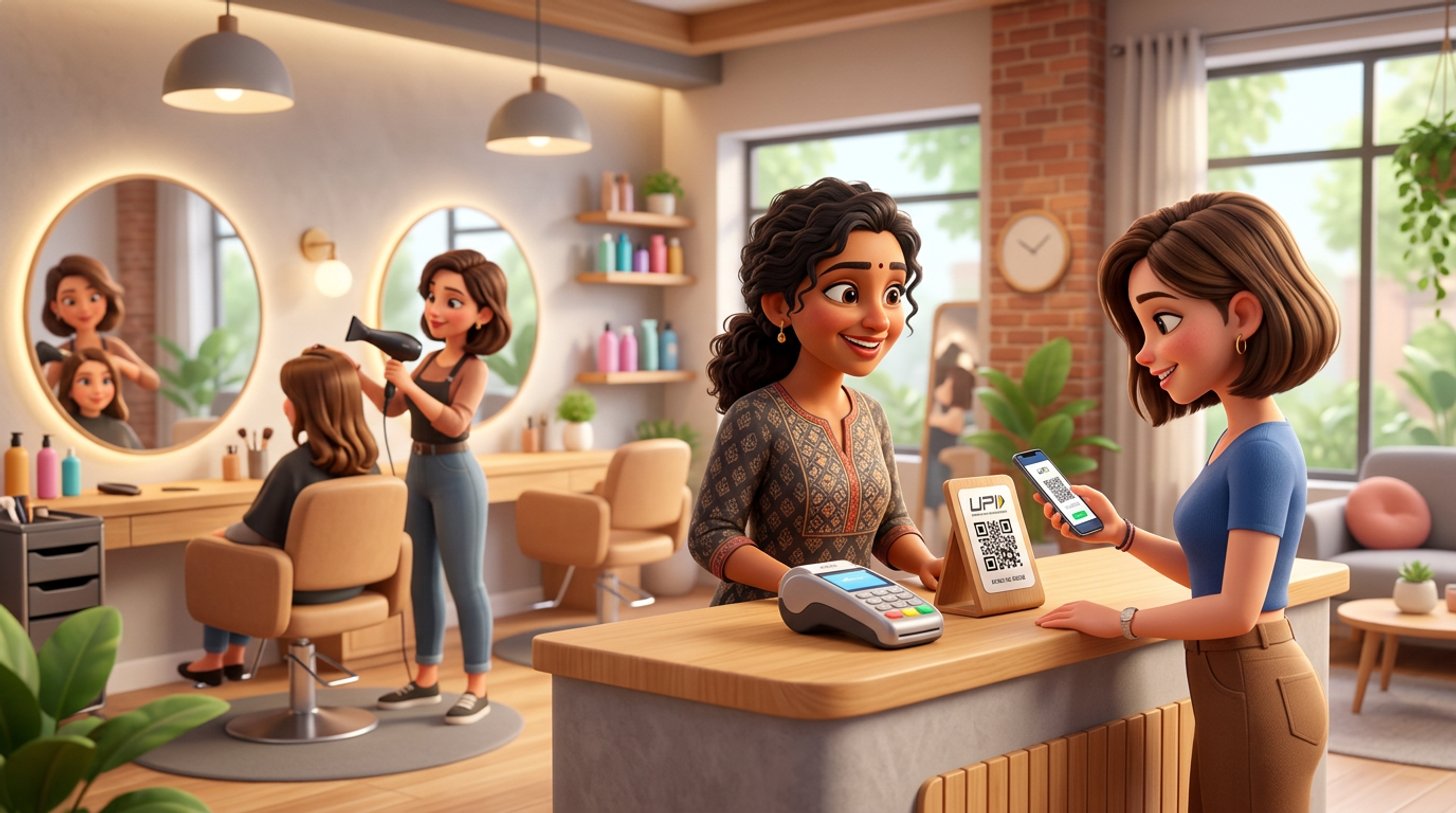 A client scans a UPI QR code stand with her phone at the reception desk of a bright Indian hair salon while the owner smiles beside a card machine