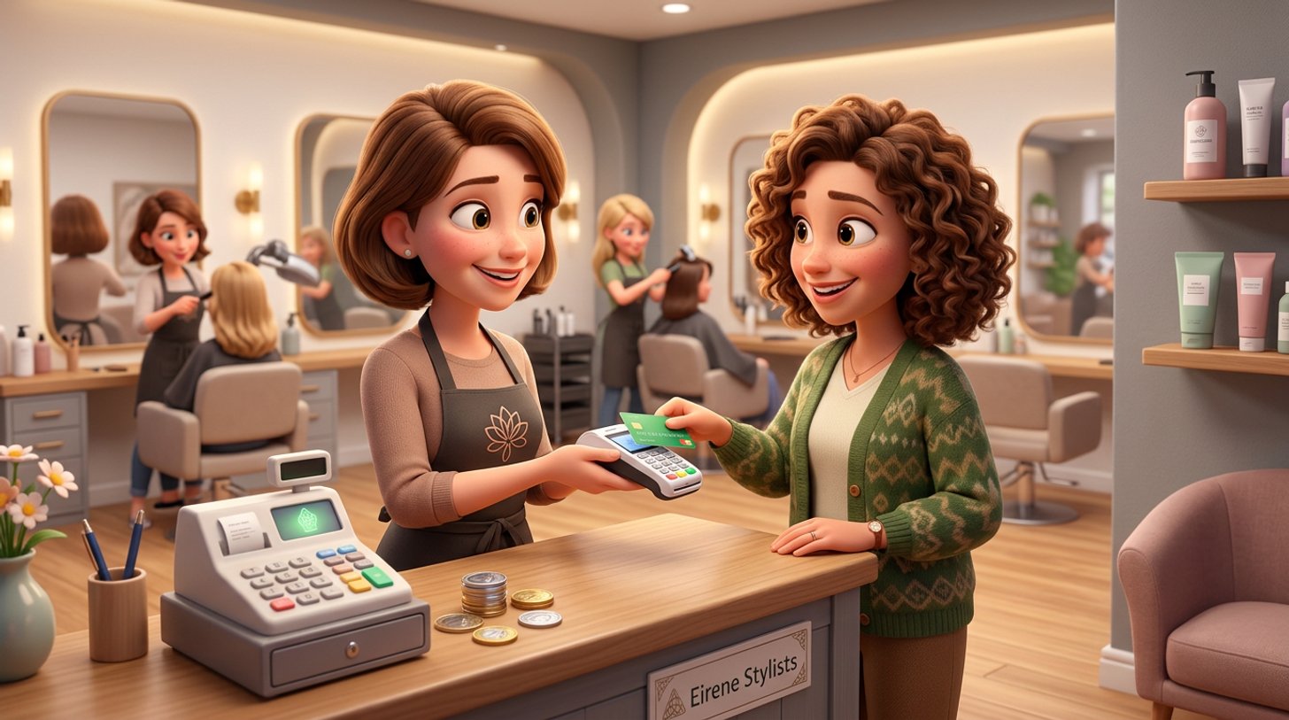 A client taps her bank card on a small card machine at the reception desk of a bright Irish hair salon while the owner smiles behind the till