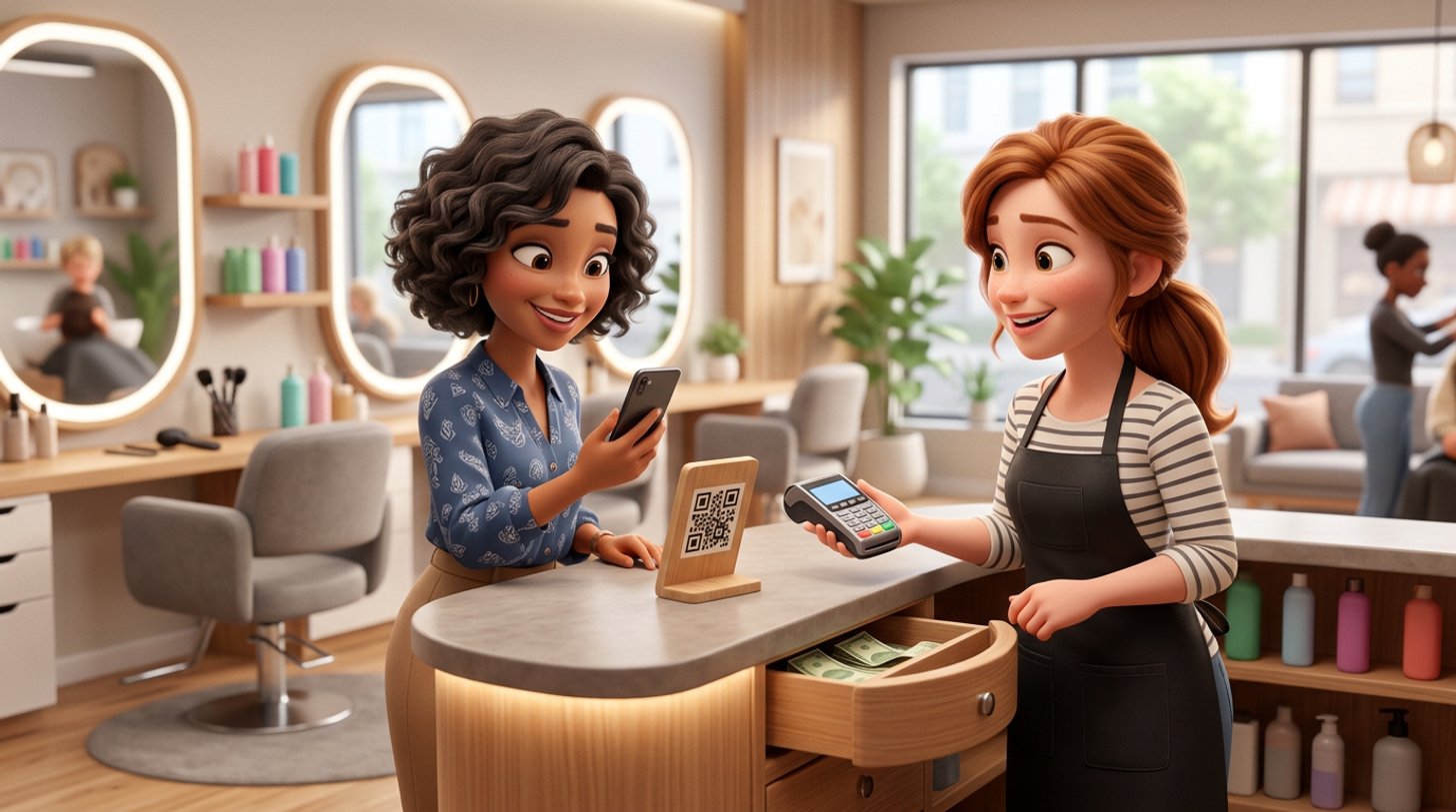 A client scans a QR stand with her phone at the reception counter of a bright Malaysian hair salon while the hairdresser presents a small card terminal beside an open cash drawer