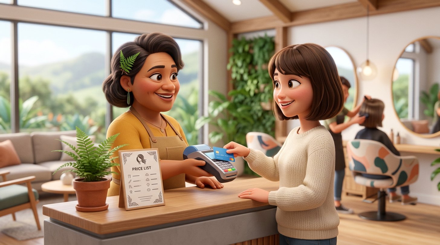 A client inserts her bank card into an EFTPOS terminal held by a smiling salon owner at the reception desk of a bright New Zealand hair salon, a fern and a price list on the counter