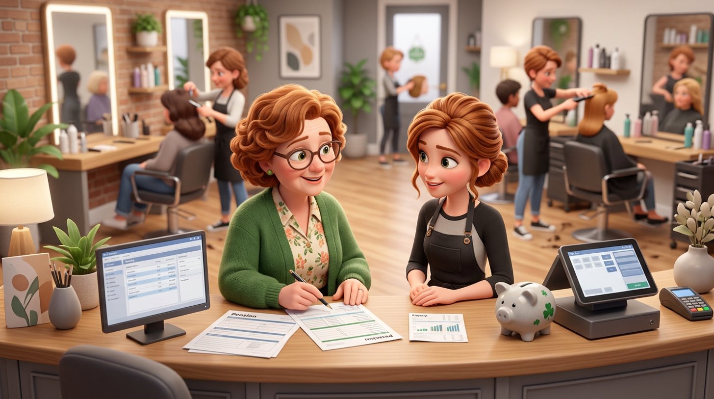 Illustration of an Irish hair salon owner at the reception desk reviewing pension paperwork and a payslip with a stylist, a piggy bank beside the till and the salon floor busy behind them