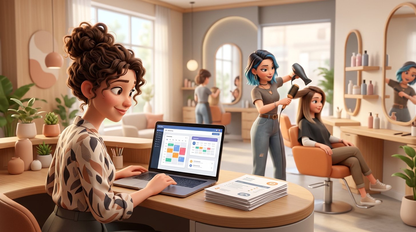 A hair salon owner compares booking software options on a laptop at her reception desk while her team works on clients behind her