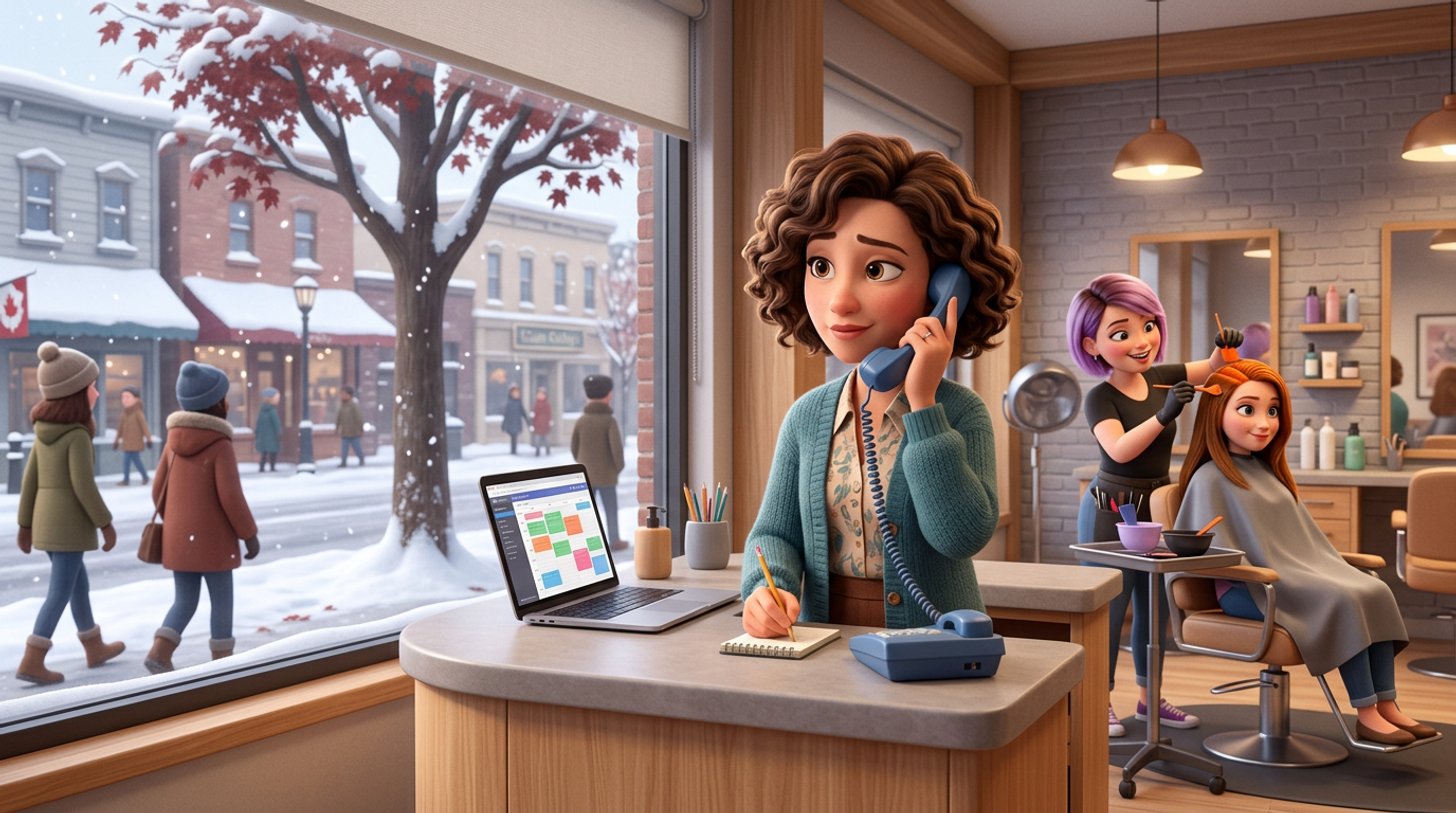 A hair salon owner takes notes during a phone call at her front desk, laptop open, while a stylist applies colour behind her and snow falls on the street outside