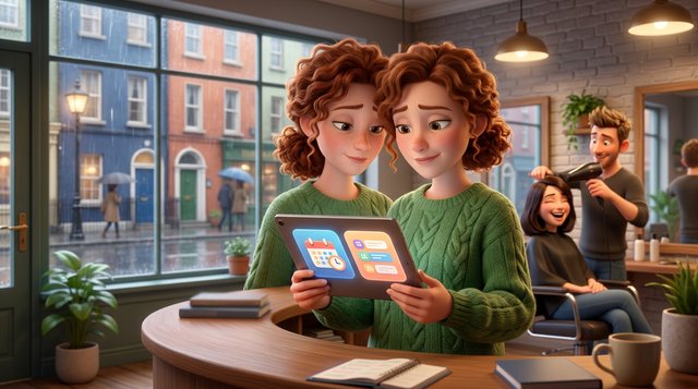 An Irish hair salon owner at her reception desk compares two booking software options on a tablet while a stylist blow-dries a client's hair, a Georgian doorway visible through the window