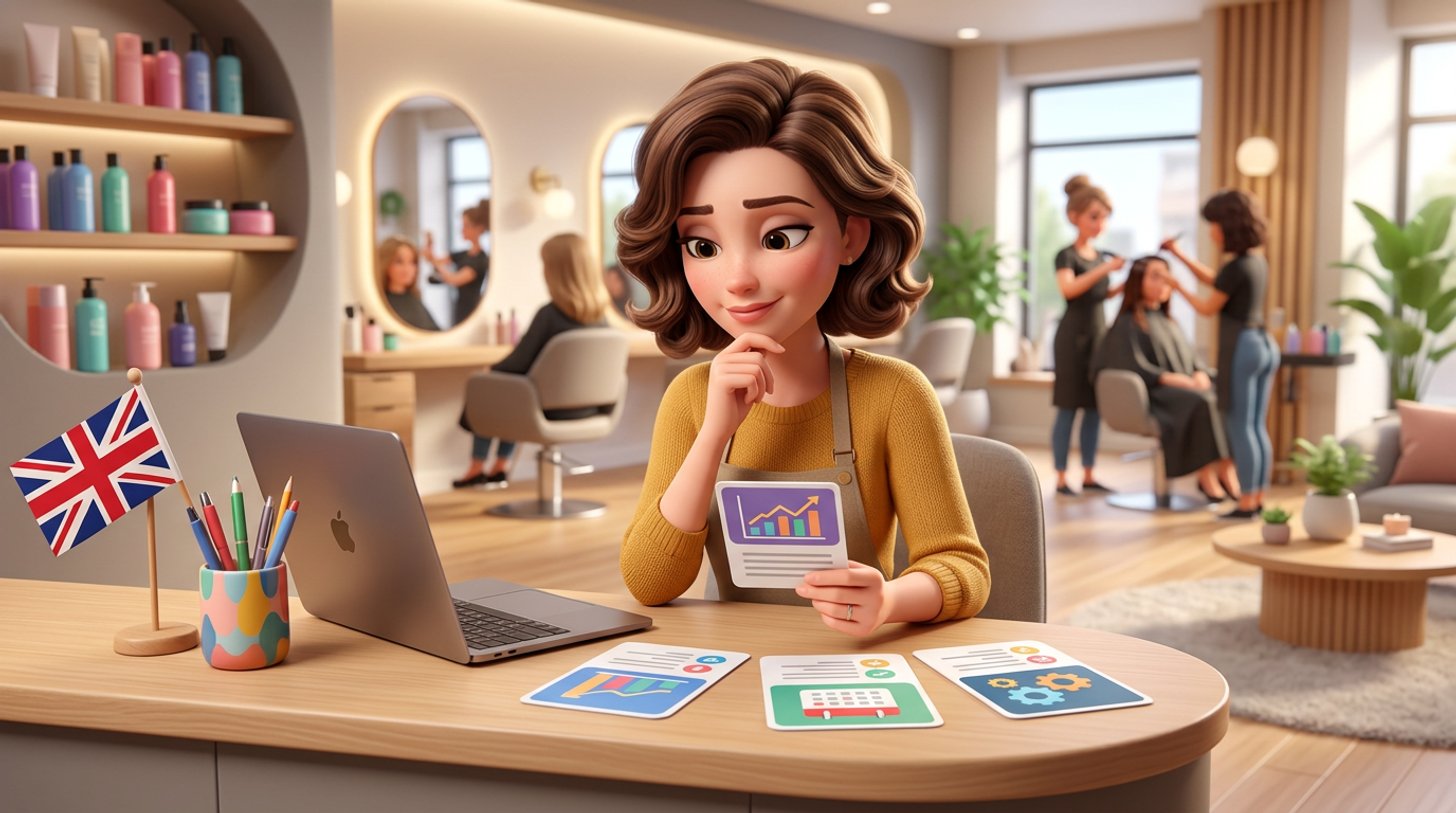 Illustration of a hair salon owner weighing up several booking software options spread out as cards on the reception desk