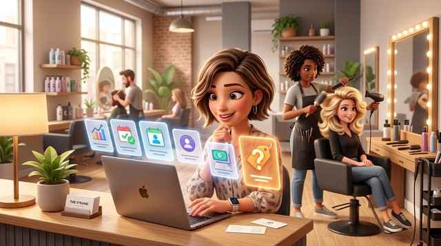A hair salon owner at her front desk studies a shortlist of booking software options on a laptop while a stylist finishes a blowout behind her