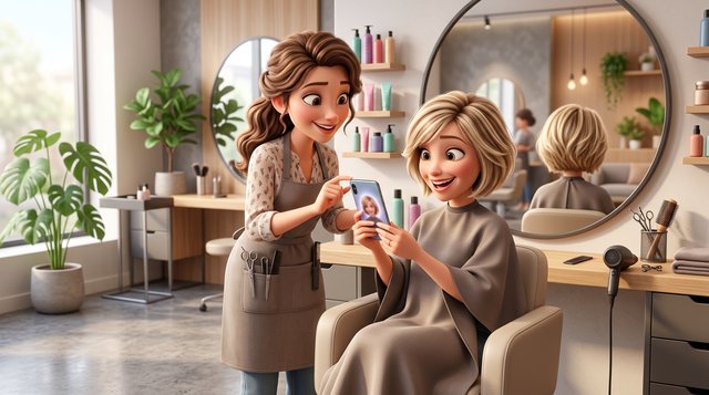 Une coiffeuse montre l'écran de son smartphone à une cliente souriante installée dans le fauteuil pour lui demander son accord avant de publier la photo de sa nouvelle coupe
