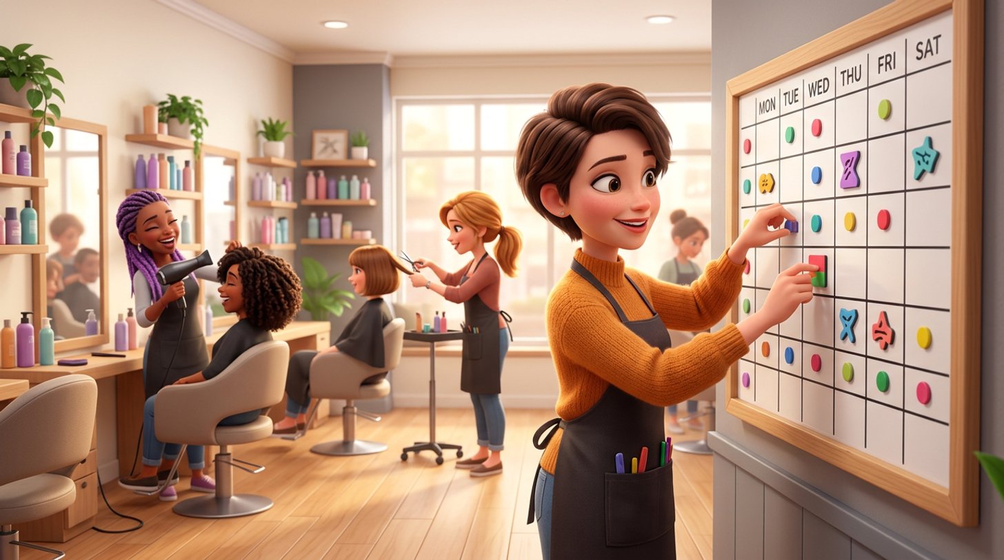 Une manager de salon de coiffure organise des tuiles colorées sur un planning mural hebdomadaire pendant que deux coiffeuses travaillent derrière elle