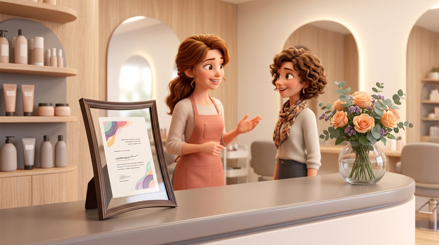 Illustration d'un petit cadre élégant posé sur le comptoir d'accueil d'un salon de coiffure à côté d'un vase, une coiffeuse souriante accueille une cliente en arrière-plan