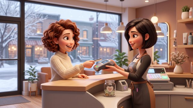Illustration d'une cliente qui paie par carte au comptoir d'un salon de coiffure, un pot à pourboires posé à côté du terminal de paiement