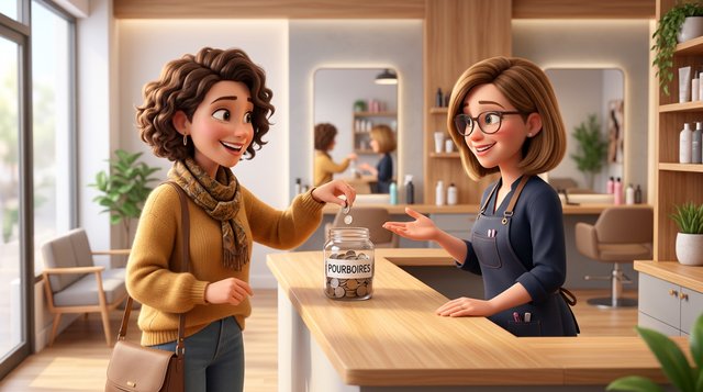 Une cliente souriante glisse quelques pièces dans le pot à pourboires posé sur le comptoir d'un salon de coiffure, sous le regard d'une coiffeuse reconnaissante
