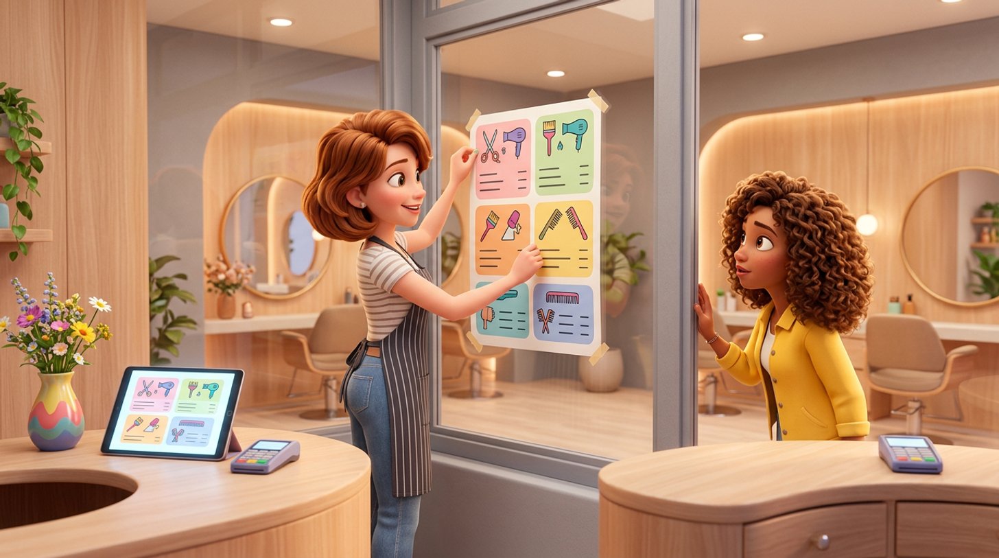 Friseurin bringt eine gut lesbare Preisliste am Schaufenster ihres Salons an, im Hintergrund zeigt ein Tablet dieselben Leistungen online